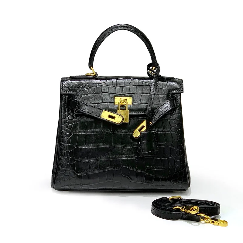 

2021 new women's bag leather crocodile pattern second generation Kelly bag head layer cow leather large capacity portable