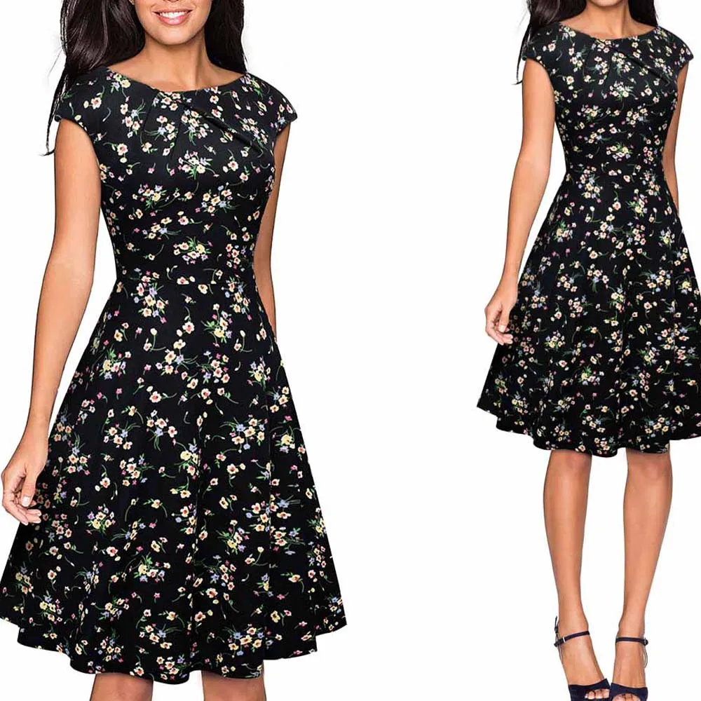 Black and Floral Летнее женское элегантное платье с принтом и рюшами, рукав-крылышко, повседневная одежда для работы, офисные вечерние приталенные трапециевидные платья для свинга, 1EA067 - Цвет: Black and Floral