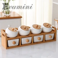 1 8pcsset seasoning box set ceramics spice jars kit wood rack holder salt storage tank kitchen accessories set