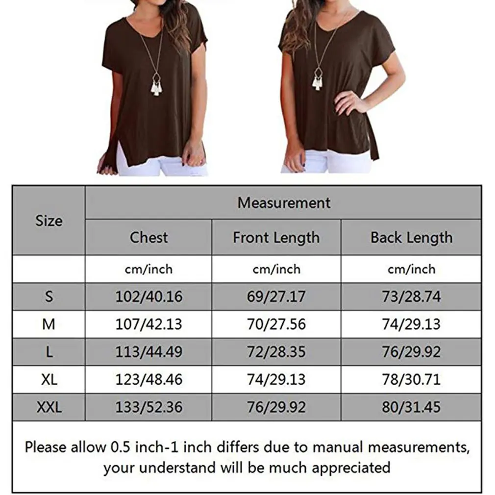 Women Loose Comfortable Hem Split Front Short Back Long Solid Color V-neck T-shirt Sleeves Summer | Женская одежда