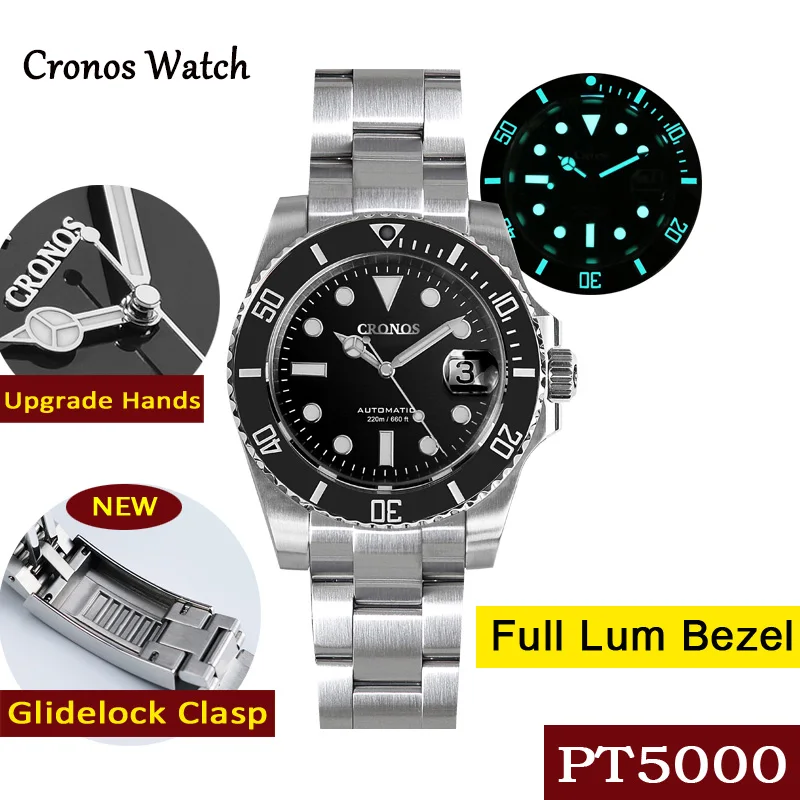 

Мужская водостойкая керамическая рама Cronos, черный циферблат 40 мм, PT5000