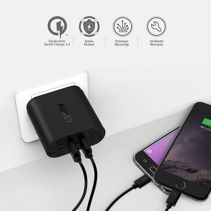 Зарядное устройство Aukey сетевое с двумя USB-портами и поддержкой быстрой зарядки 3 0