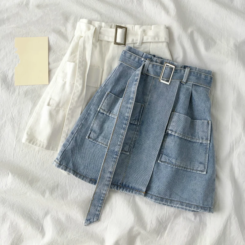 Юбка женская джинсовая с карманами модная повседневная трапециевидная мини-юбка