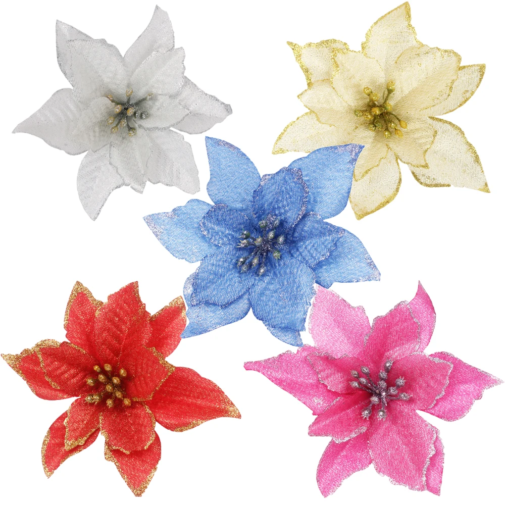 12pcs/lot Artificial Christmas Flowers Plastic&Cloth Glitter Hollow Flower For Christmas Tree Decoration DIY Xmas New Year Decor