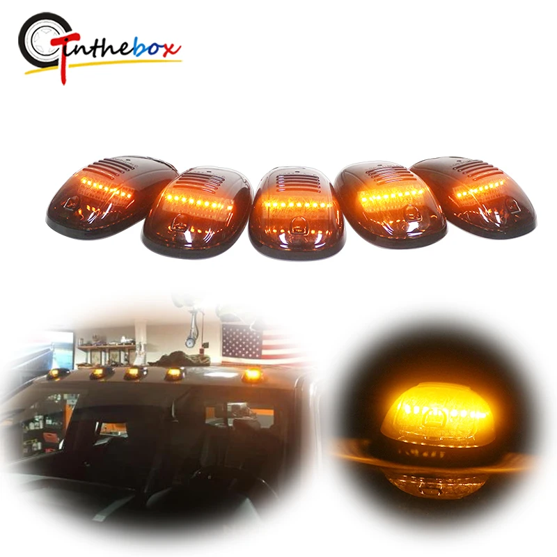 

Gtinthebox 5pcs Smoked Lens Cab Roof Clearance Marker Lamps w/Amber Full Strip LED Lights For Chevy Dodge Ford GMC Heavy Trucks