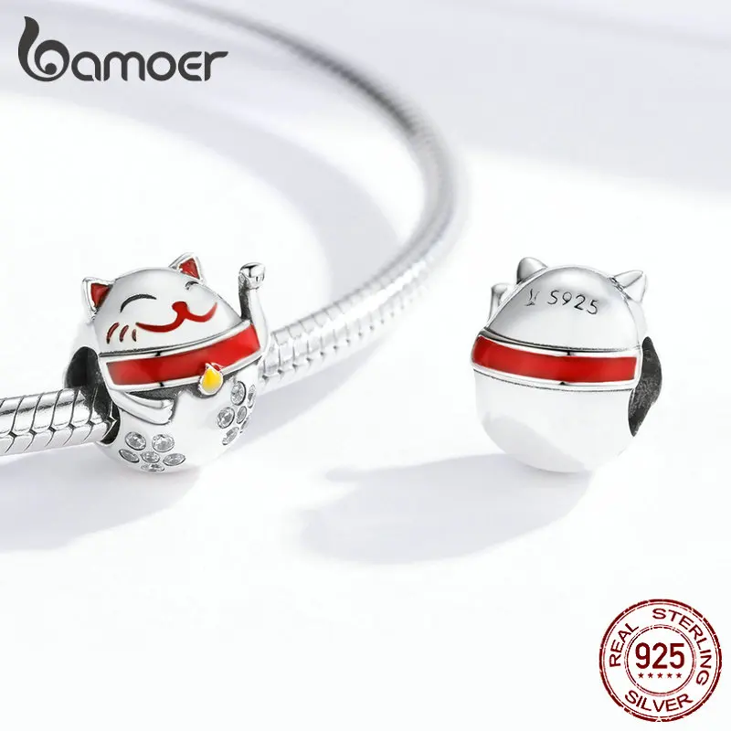 Bamoer 925 пробы Серебряный японский счастливый кот эмаль животное Шарм для женщин серебряный браслет со змеей 3 мм Ювелирные изделия SCC1374