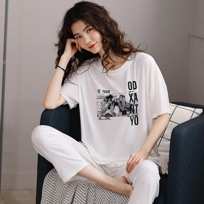 

women women sleepwear pajamas women summer pure cotton modal short-sleeved suit plus size home service plus size sleepwear