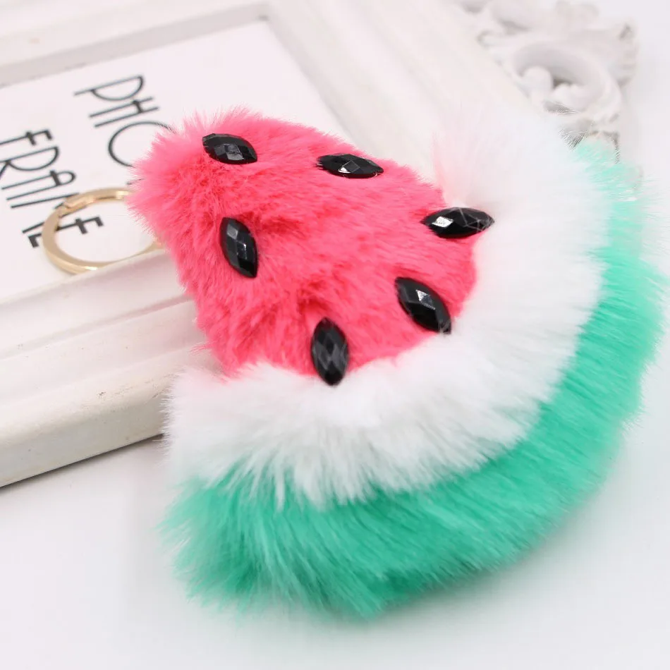 

Cute Watermelon fruit Fur Ball Keychain Plush Simulation Fruit Keychain Car Key Ring Bag Key Pendant Gift for men/women