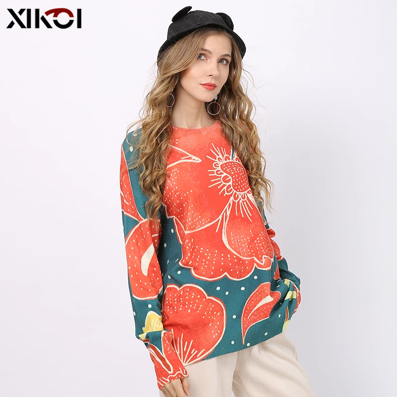 Свитер женский Зимний вязаный с круглым вырезом и принтом | Женская одежда