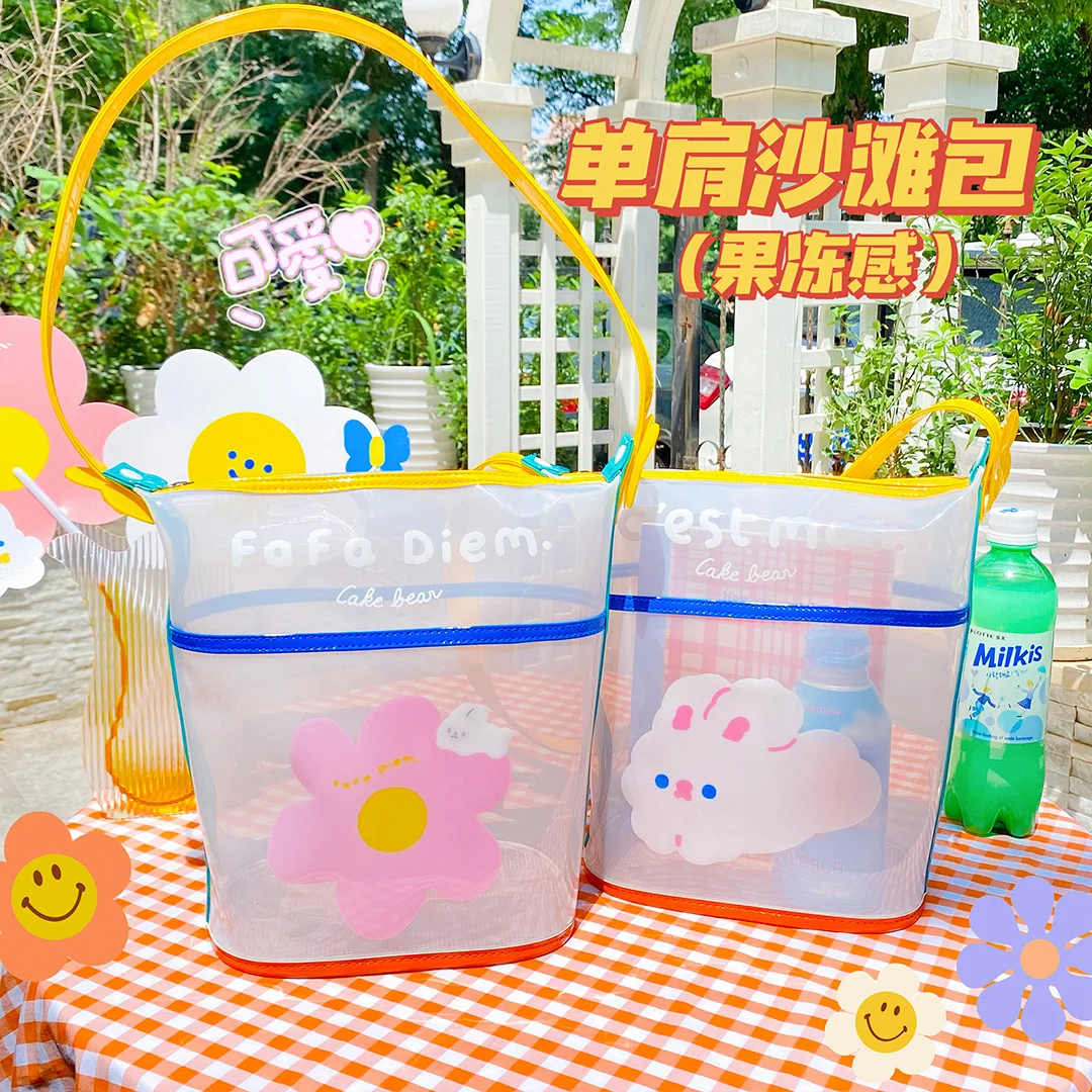 

Kawaii Rabbit Flower Transparent PVC Shoulder Bag Adjustable Shoulder Strap Mesh Beach Bag Travel Wash Bag Storage bag