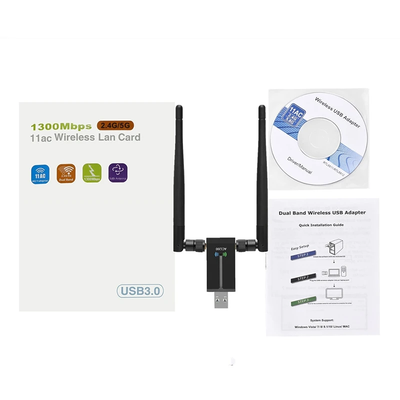 

USB Wireless Network Card 1300M, Driver-Free 2.4G/5.8G Dual-Band Gigabit Wireless Network Card, Wifi Receiver