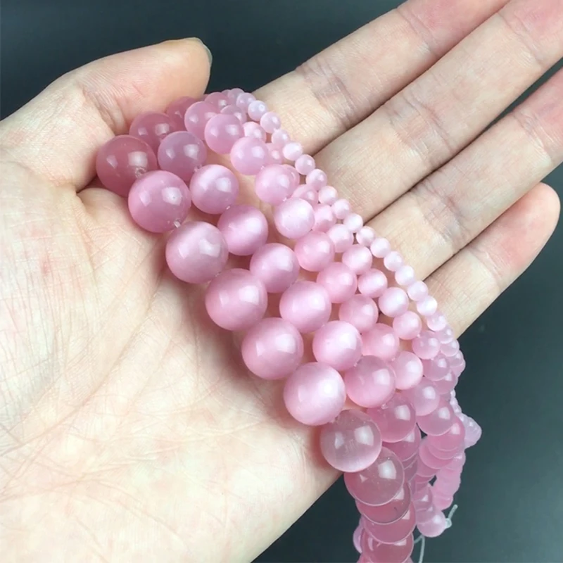 Бусины круглые кошачий глаз ААА + розовые гладкие россыпью бусины для