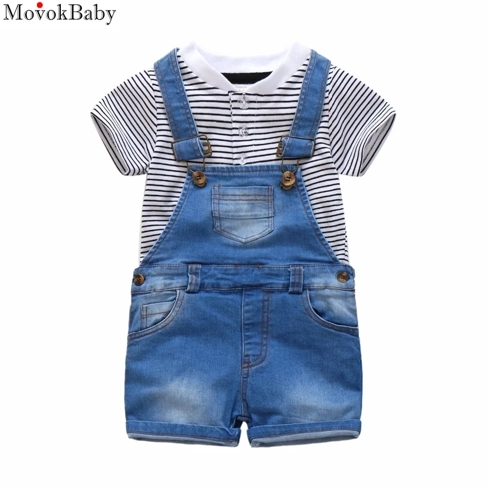 

Toddler Boy Sets Summer Striped T Shirt+ Blue Jean Suspender Trouser Children Overalls Casual Baby Clothes Suit 1 2 3 4Years