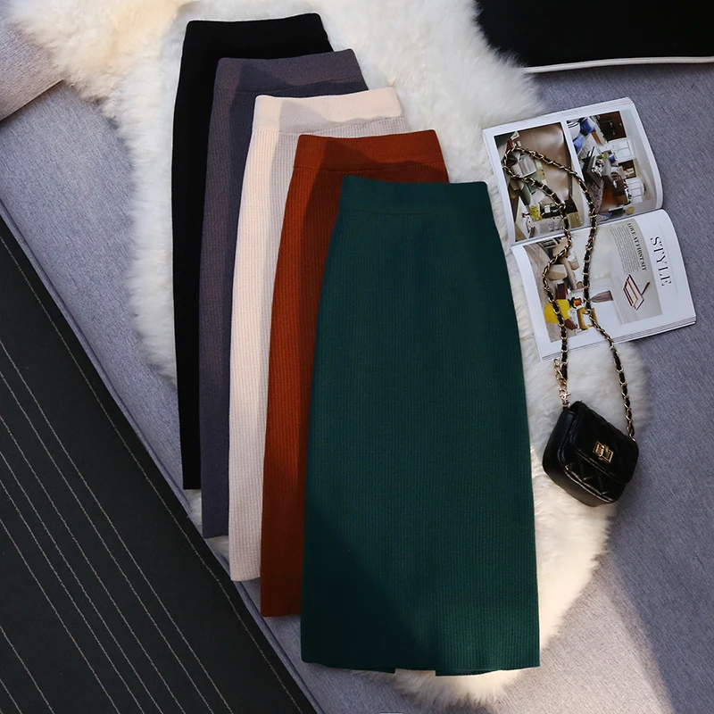 

Женская трикотажная Юбка-миди, однотонная черная трикотажная Юбка-миди с высокой талией, в Корейском стиле, Осень-зима 2021