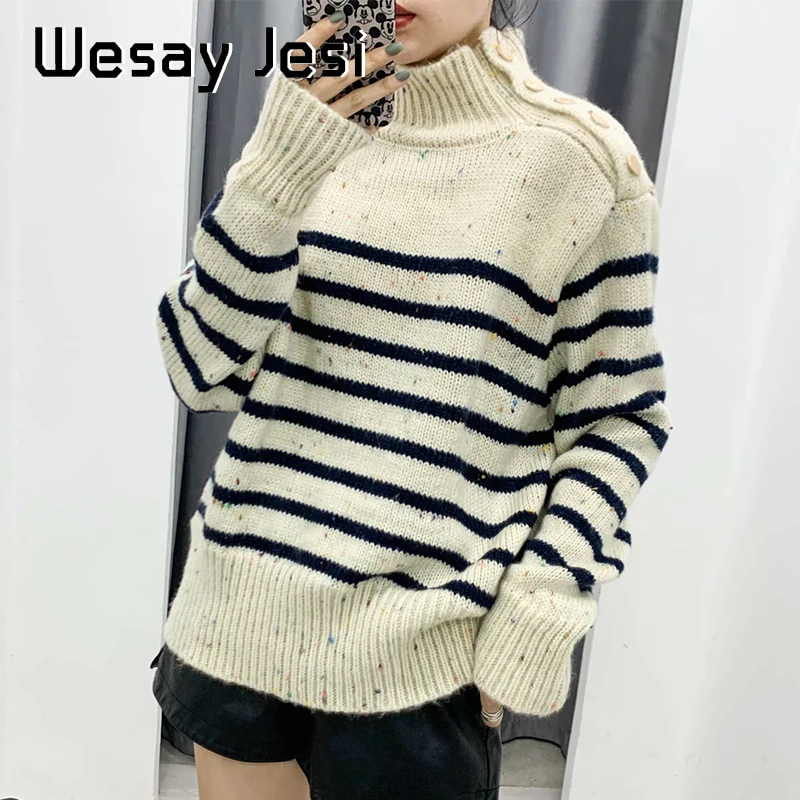 

Fashion Autumn Women's Knitted Sweater Retro Office Ladies Striped Two-color Slim High Neck Fashion Pullover Top Chic
