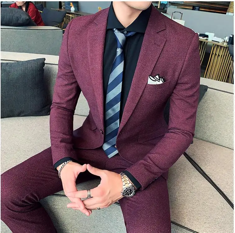Новый простой костюм мужской из двух частей тонкий корейский волос стилист вино