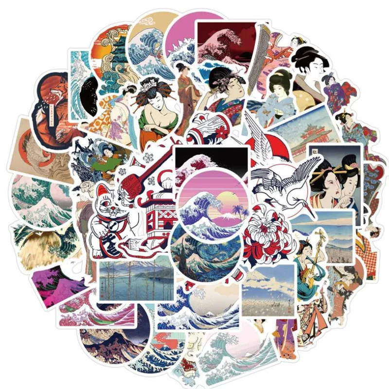 Ukiyo-e Wave-pegatinas de dibujos animados para ordenador port&aacute;til, grafiti, equipaje, impermeable, sin adhesivo, 10/30 / 50 Uds., Jap&oacute;n, venta al por mayor-1