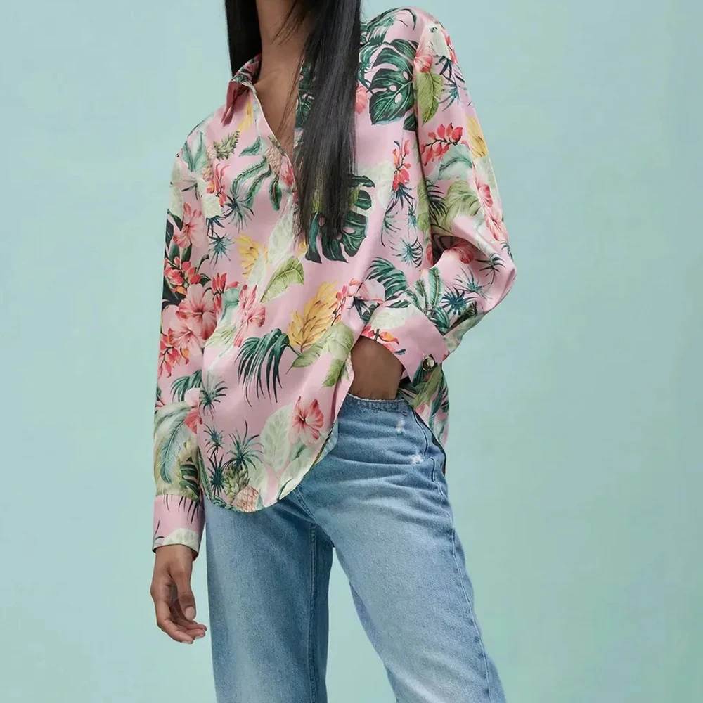 

ZA 2021 spring Women fashion Vintage Printed Flower Blouses Mujer v neck long Sleeve top loose Lady lapel Squiggle shirt Femme