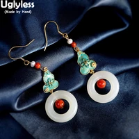 uglyless vintage enamel gourd earrings for women natural agate jade button dangle earrings 925 silver ethnic dress brincos jewel