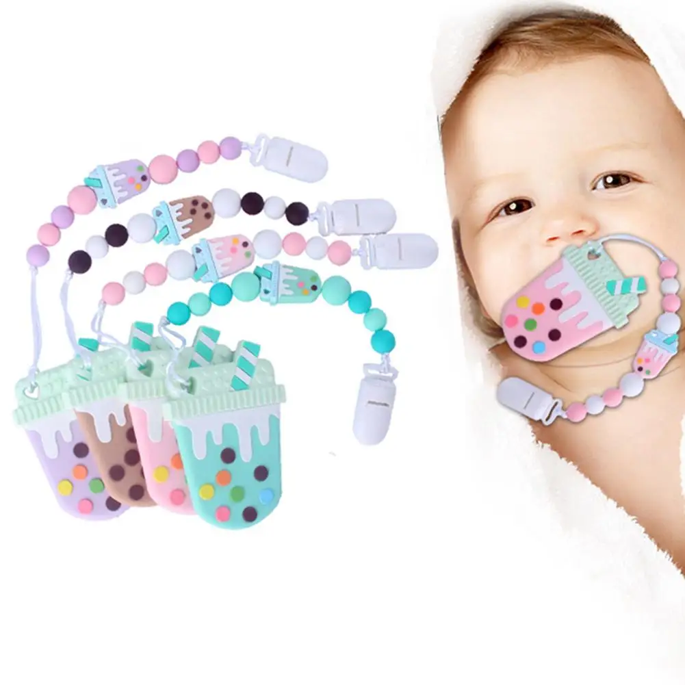 

Portable Cute Soft Baby Food Grade Silicone Bead Ice Cream Teether Pacifier Clip Chain Teething Toy