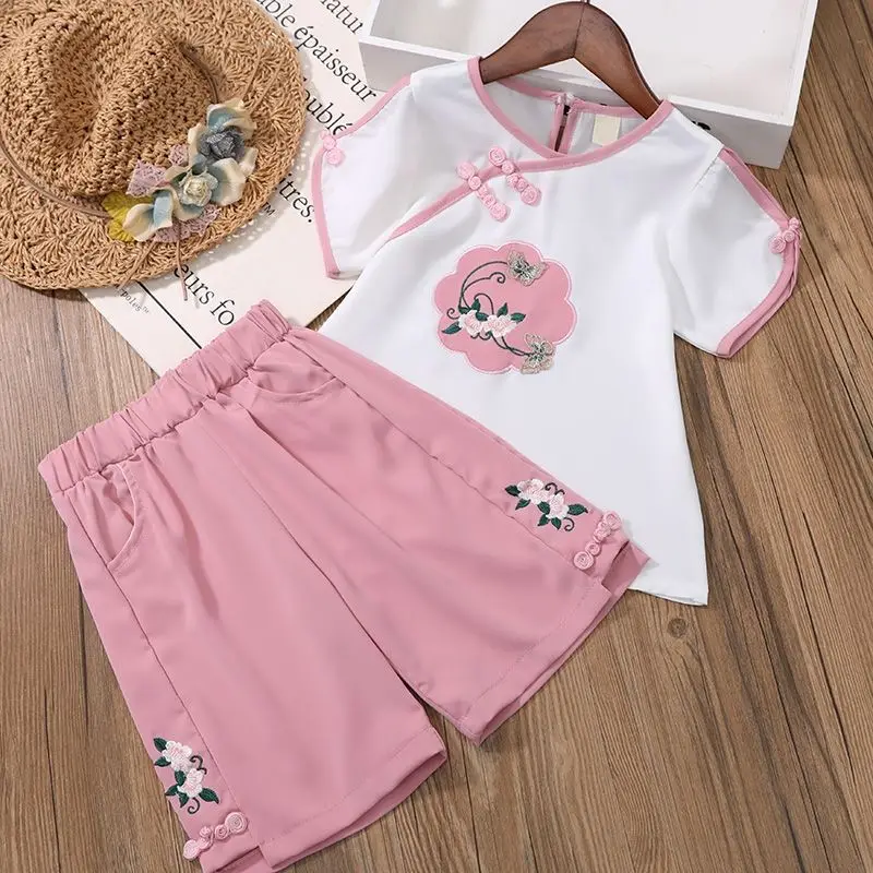 

Summer Girls New Short-Sleeved Suit Female Baby Retro Outfit Super Fairy Children's Children's National Style Two-Piece Suit