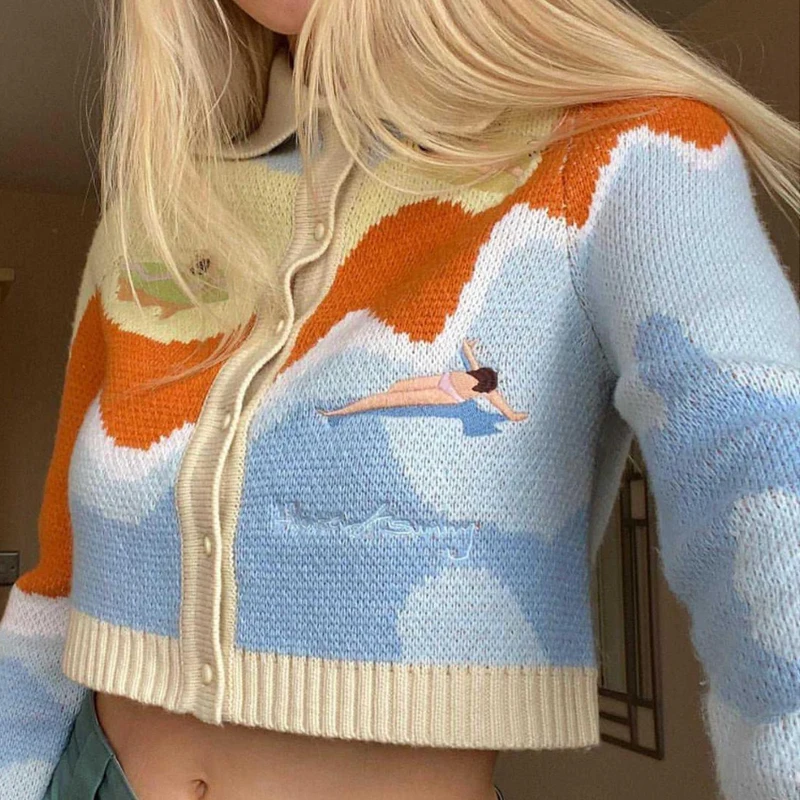 

Новый женский Повседневный Кардиган с длинным рукавом, модный жаккардовый однобортный трикотажный свитер с вышивкой, с любой фигуркой