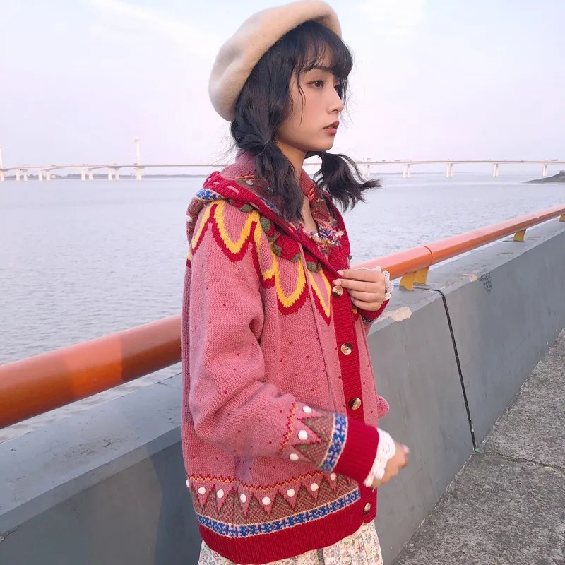 2019 Casual Hooded Single-Breasted Cardigan Cardigans Geometric Pattern Polka Dot Sweater Sweet Hand Hook 3D Flowers |