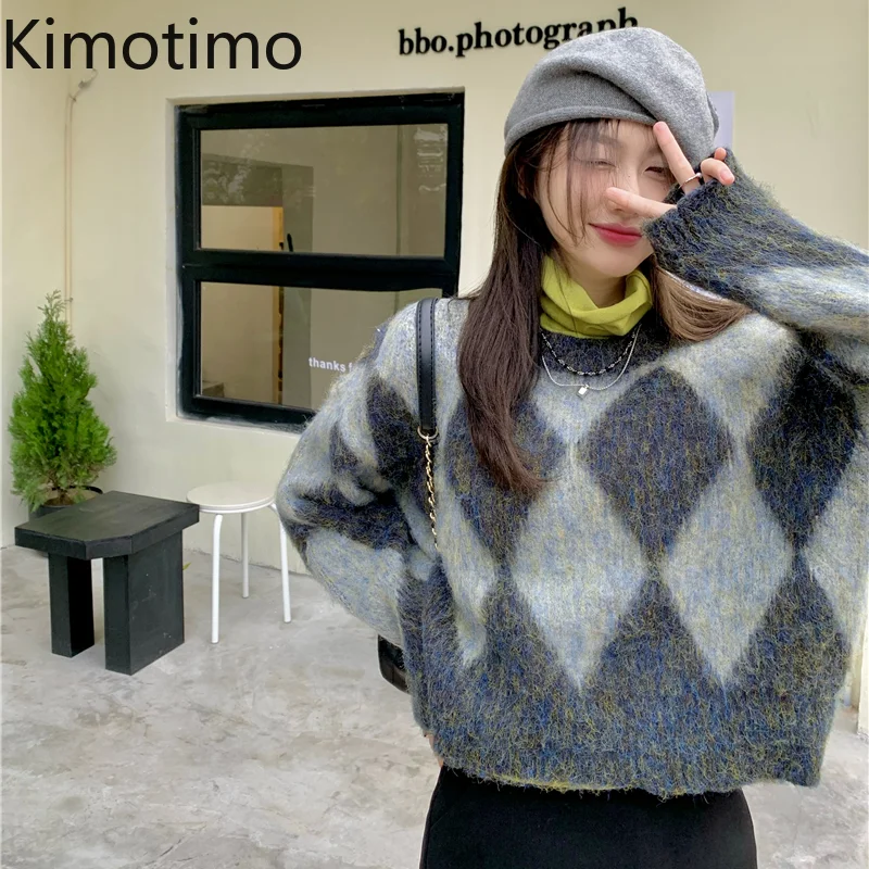 

Женский мохеровый свитер Kimotimo с узором ромбиками, корейский стиль в стиле преппи, контрастный пуловер с круглым вырезом, модные короткие св...