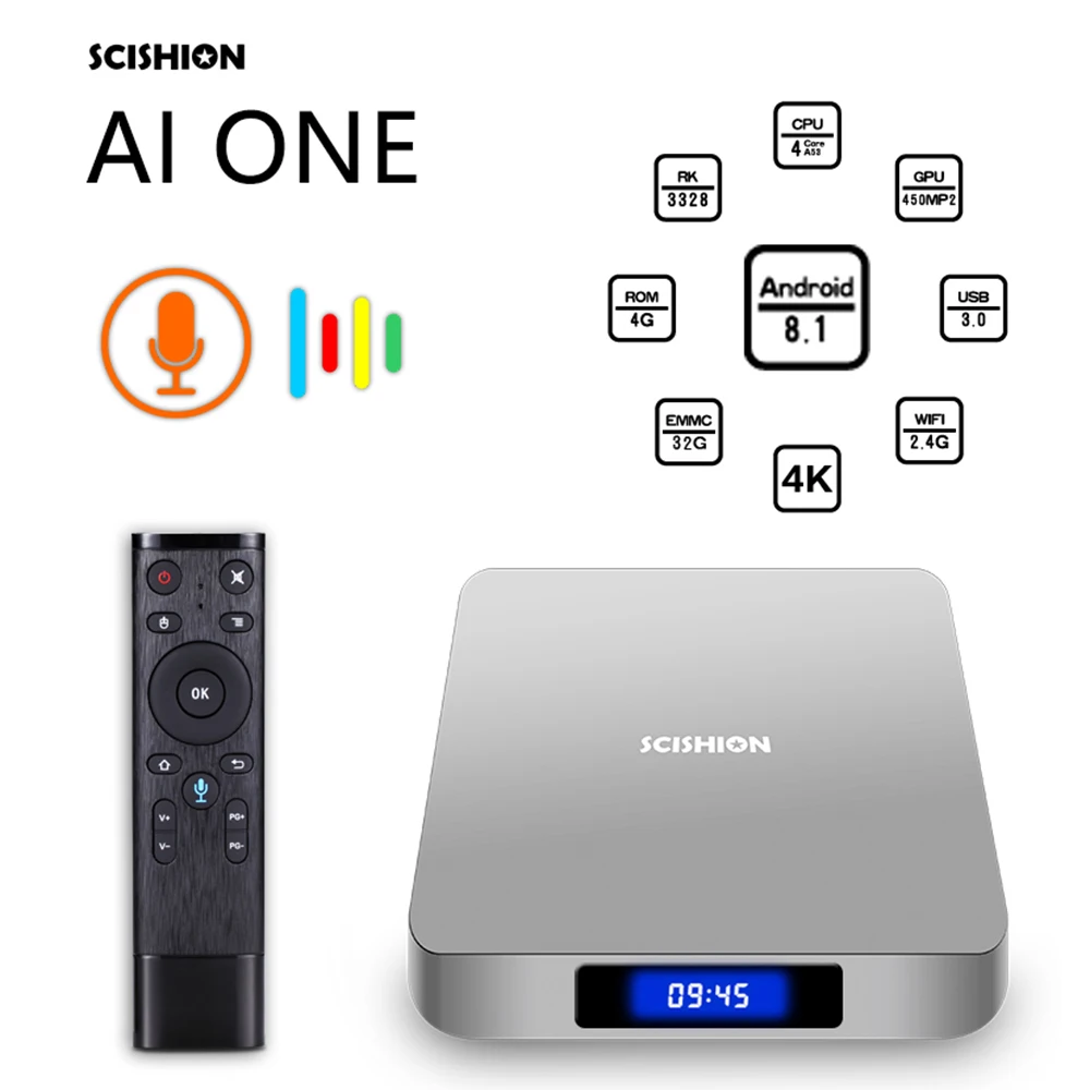 SCISHION AI ONE Android tv Box android 8 1 4K 2G/16G WiFi BT4.0 для дисплея медиаплеера экран Голосовое