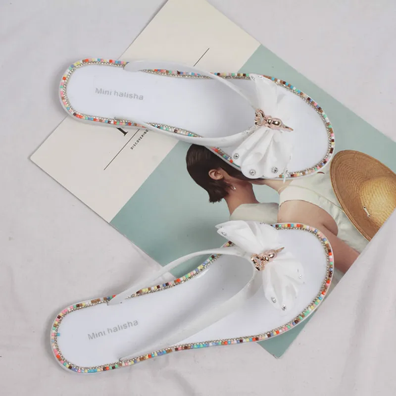 Женская летняя обувь с разноцветными бриллиантами и бабочками для улицы пляжные