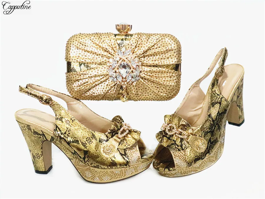 

Gold Party Set Matching African High Heel Sandal Shoes And Handbag For Lady GG121 Heel Height 10CM