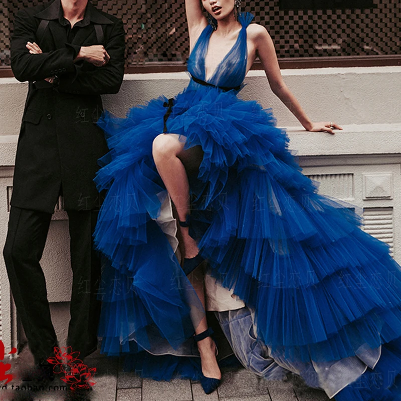 

Real Image Royal Blue Ruffles Tulle Prom Dresses 2019 Puffy A-line Tutu Prom Gowns Sexy Backless Formal Dresses With Bow