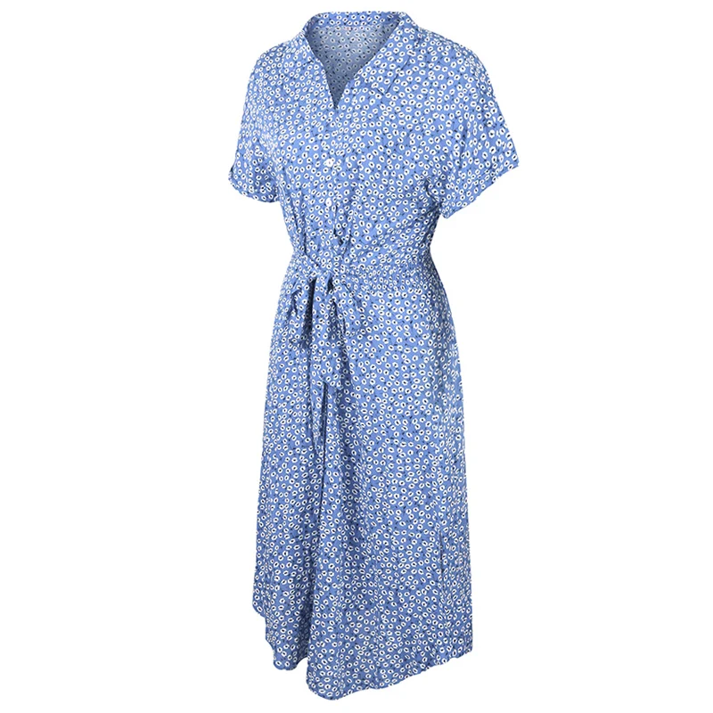 

2021 Women Summer Floral Polka Dot Dress V-Neck Midi Dresses Female Short Sleeve Sundress Loose Dress Holiday Beach Vestidos