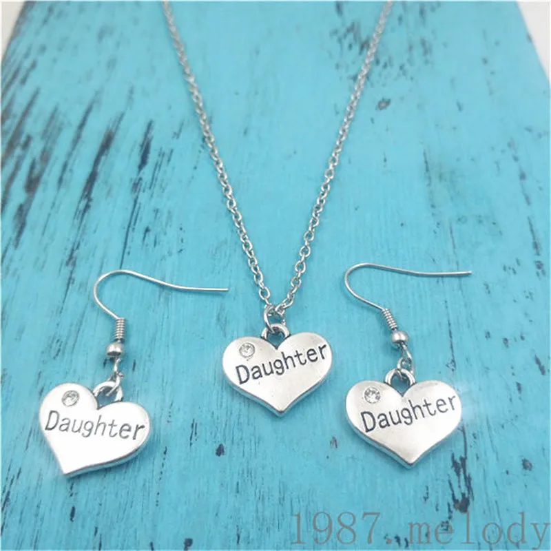 

Family Daughter Heart Earring Necklace Sets Jewelry Set Antique,Beauty Vintage Fashion Women Christmas Birthday Girl Gifts