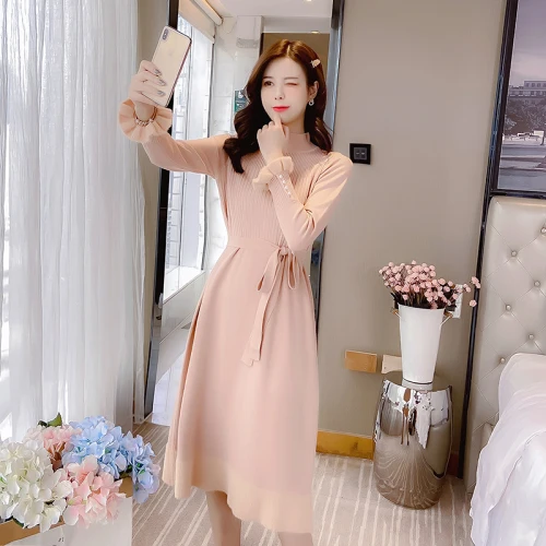 

Spring Autumn Beading Slashes Elegant Flare Sleeve Knitted A-line High Wasit Maxi TurtleNeck Women Lady Dress