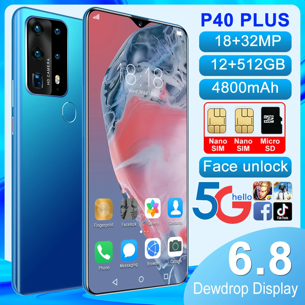 

2021 Newest P40Plus 6.8 inch MTK6889 10-Core Android Smartphones 12GB+512GB 5G Cellphones 4800mah Large Capacity Mobile Phone
