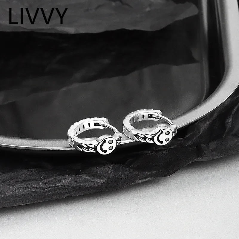 

LIVVY Silver Color Vintage Round Chain Smiling Face Small Hoop Earrings For Women 2021 Trend