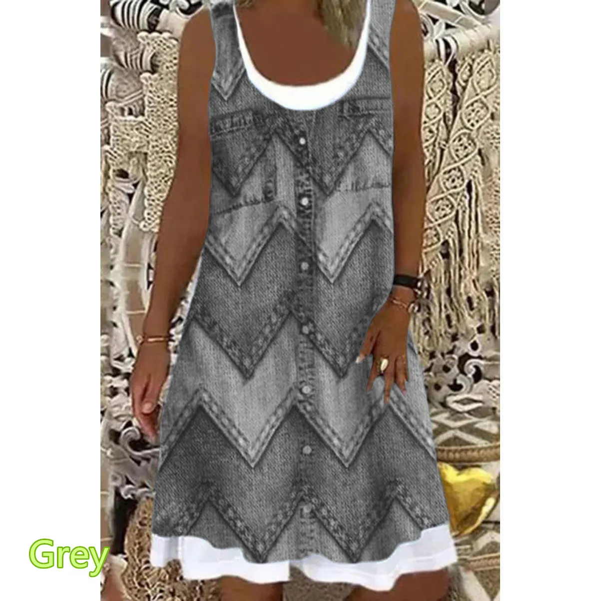 

Bohemian Lace-up Beach dress Elegant Sleeveless Modern girl print women dress midlength summer fashion fake twopiece dress party