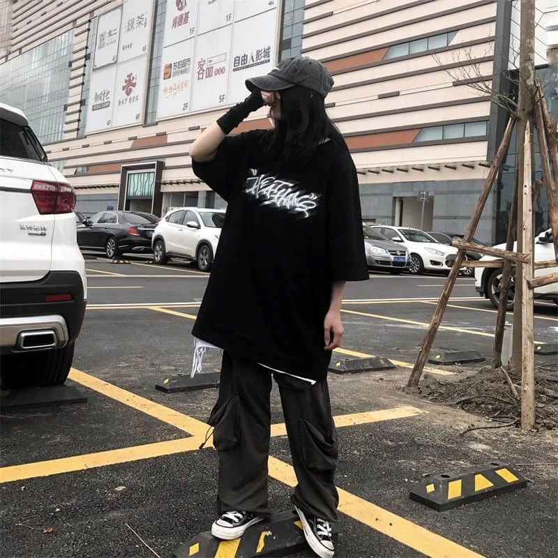 

T-shirt Men And Women 2021 New Retro Hong Kong Style Letter Printing High Street Hip Hop Street Abstract Short Sleeve Aesthetic