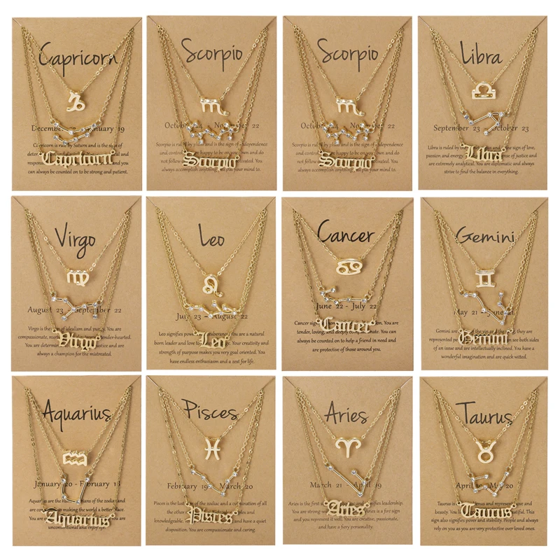

3PCS/SET Charm Twelve Constellation Zodiac Sign Pendant Link Chain Necklace For Women Fashion Jewelry Gift Cancer Leo