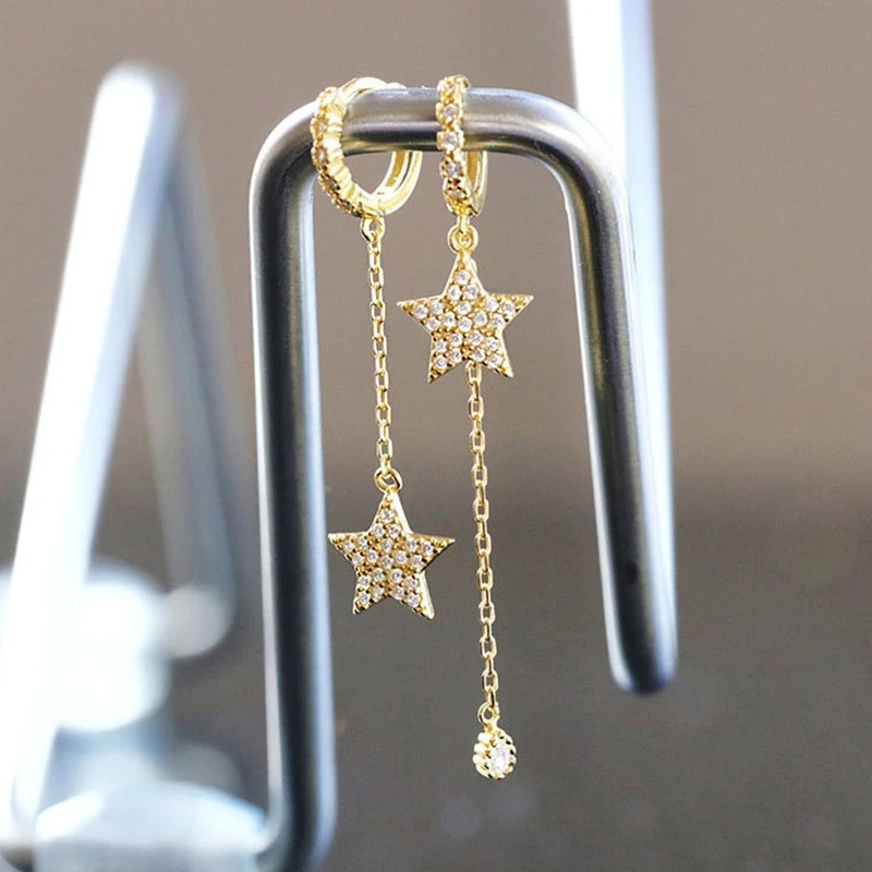 

ARLIE 925 Sterling Silver Dainty Prevent Allergy Hoop Earrings For Women Crystal Zircon Star Asymmetric Earrings Jewelry Gift
