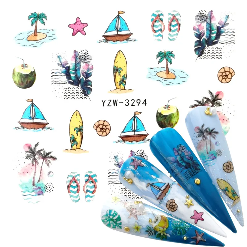 

2022 New Arrival 1 PC Nail Art Summer Beach Water Design Tattoos Nail Sticker Decals for Beauty Manicure Tools