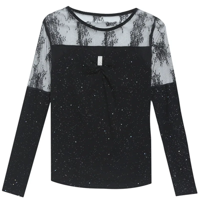 

Black Shiny T-shirt women Spring Thin Mesh Lace Embroidery Transparent Sexy Tee Tops Diamonds Long Sleeve Slim