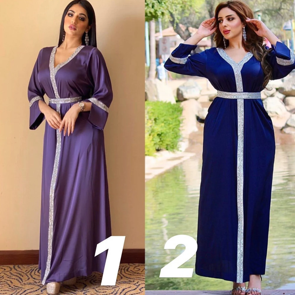 

AB014 Elegant V Maxi Dress Abaya Woman Clothes Europe Muslim Sets Robe Dubai Turkey Blue Purple With Waistband Djellaba Diamond