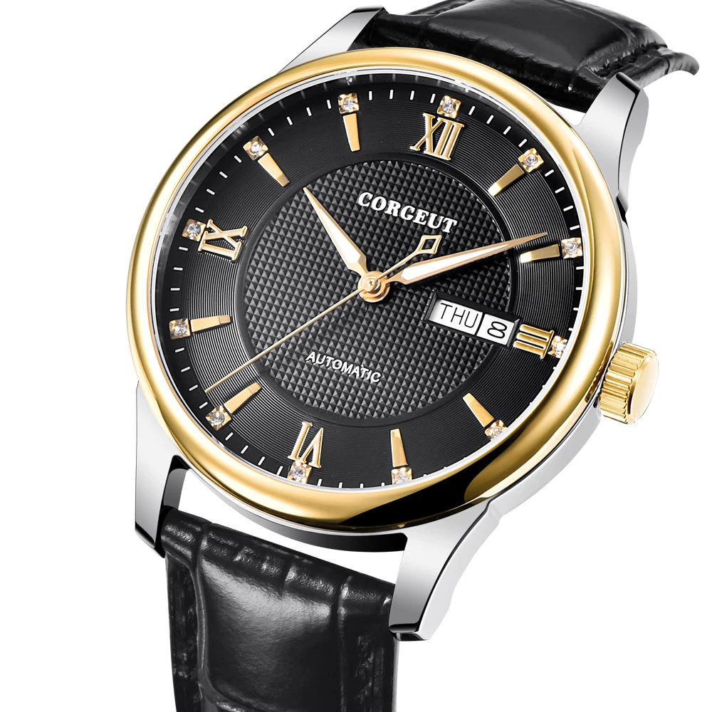 

Corgeut 40mm Men's Sapphire Automatic date week Leather gold Case black dial Watches Miyota mechanical Gift Watch часы мужские