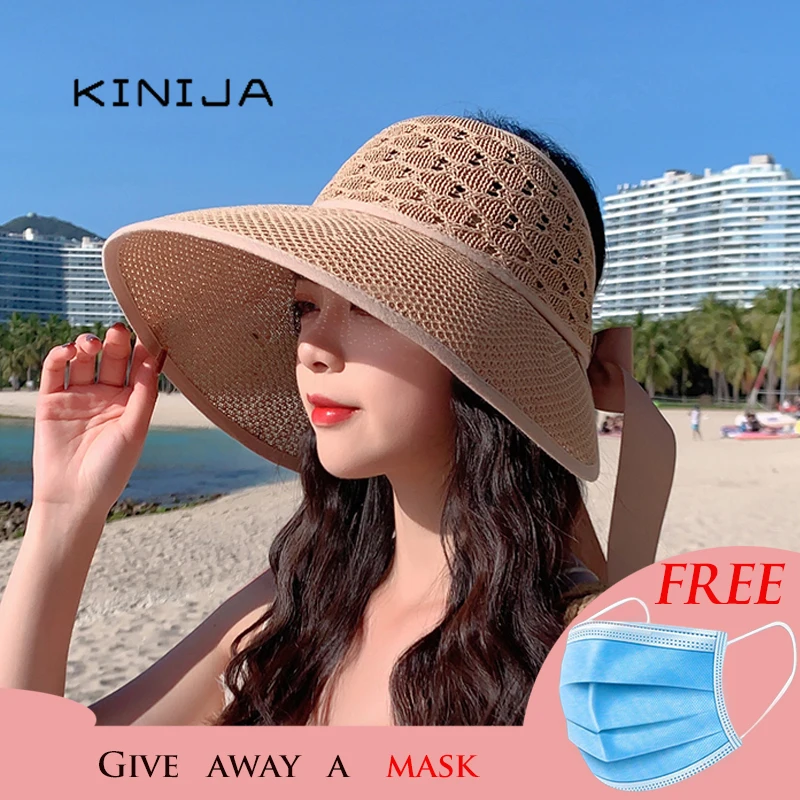 Summer Ladies Hats and Caps Uv Protection Straw Hat Sombrero Playa Beach Hats Women Hollow Out Bandage Wide Brim Visor Sun Hat