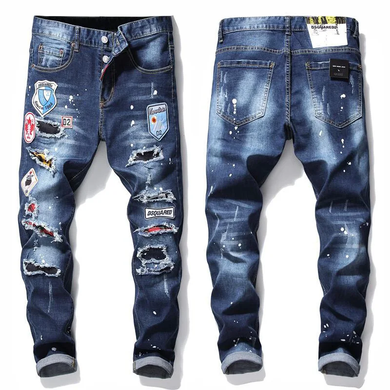 

Мужские легкие Роскошные джинсовые брюки с отверстиями, облегающие джинсы с защипами, уличные модные синие джинсы с белыми пятнами;