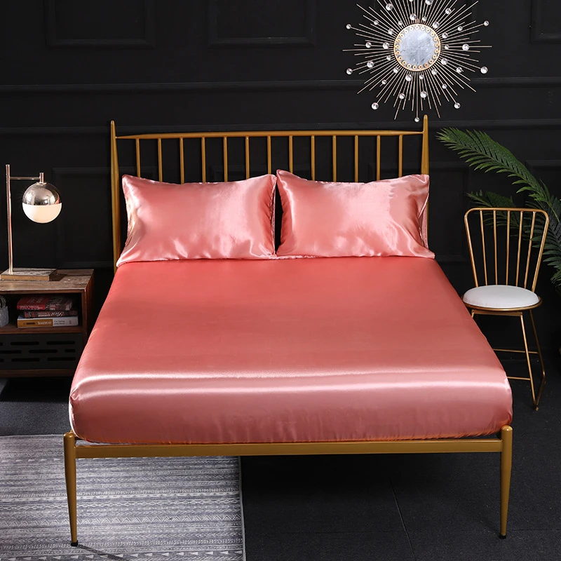 

3pcs Bedding Set Emulation Silk Fitted Sheet With Pillowcases Solid Color Smooth Queen Bed Sheet With Elastic Band Bedclothes