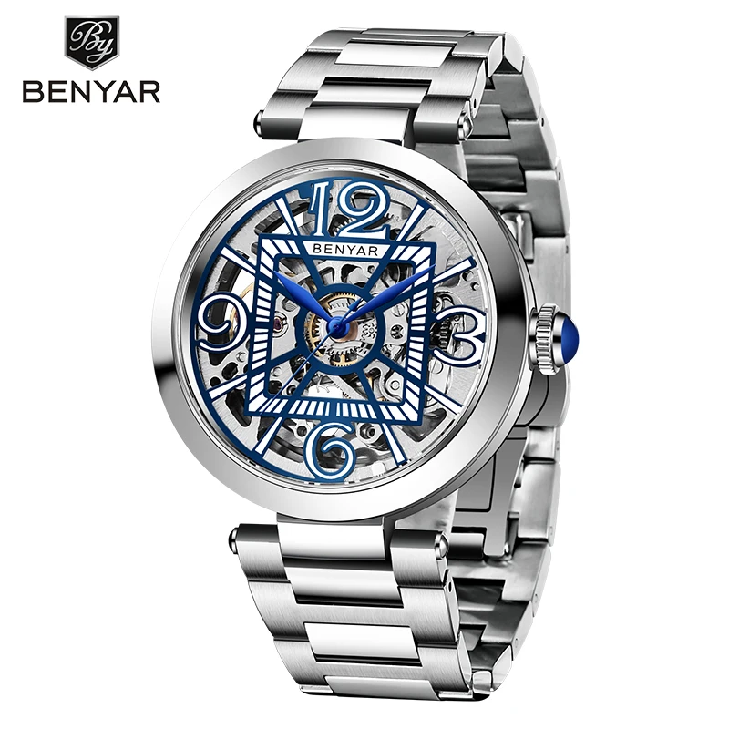 

BENYAR Top Brand Watch Personality Men's Automatic Mechanical Watch Fashion Stainless Steel Clock Hollow Business Wristwatch