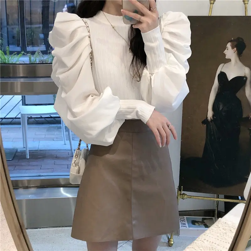 

Foreign Style Lantern Sleeve Splicing Solid Color Sweater Women's Autumn New Korean Design Sense, Minority Backing Fashion Top
